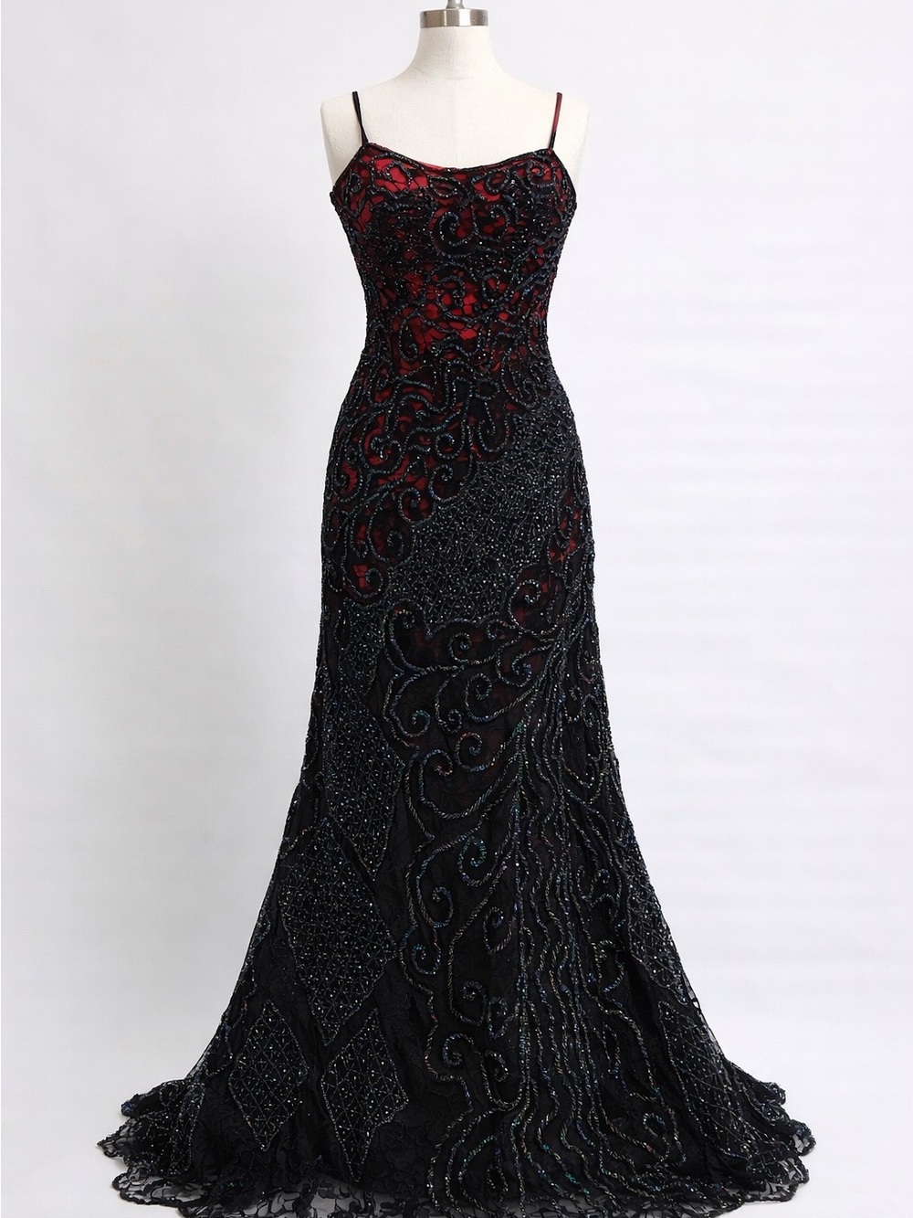 Je Matadi Black & Red Beaded Evening Gown M 7/8